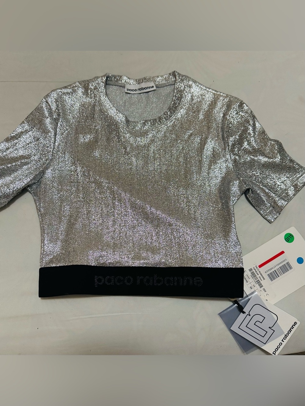Paco Rabanne Metallic Silver Cropped Tee with Black Hem